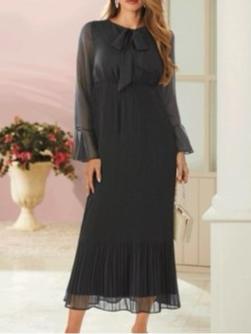 Midnight Velvet Black Sheer-Sleeve Maxi Dress with Neck Tie